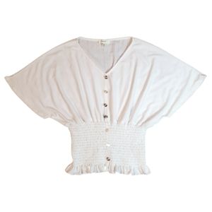 White Blouse, Shirred Waistline, V-neck with Caped Sleeve. Size Medium Love J